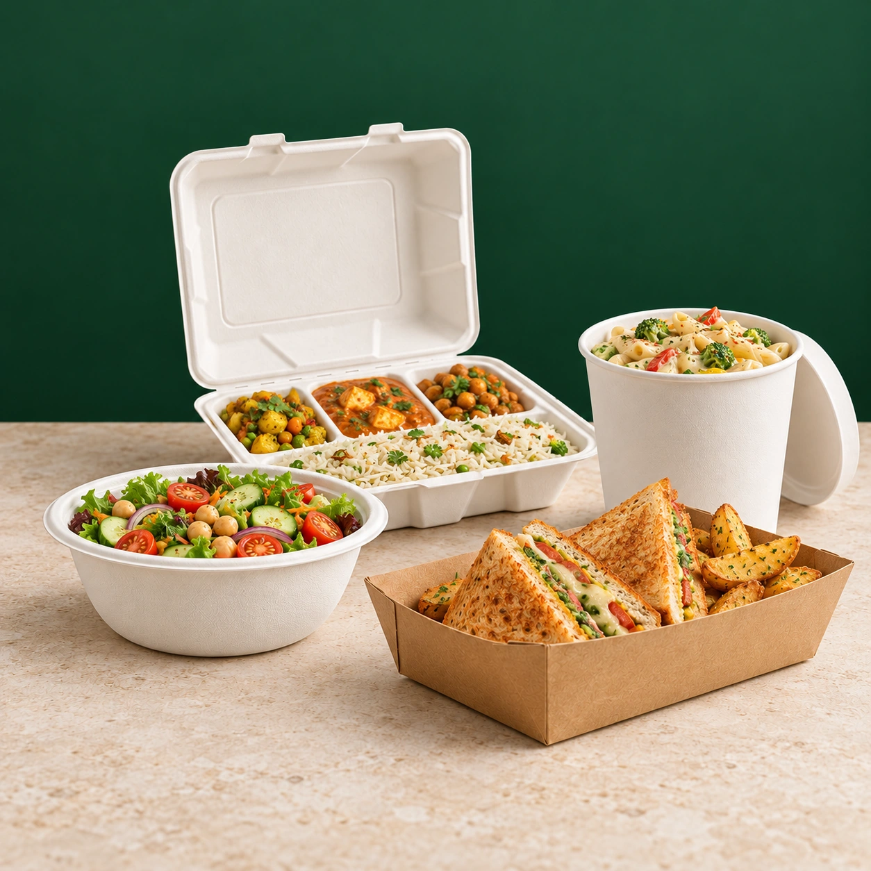 Food served in bagasse and paper takeaway packaging