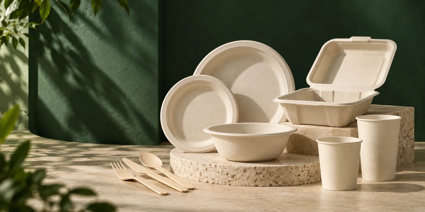 Bagasse plates, bowls, takeaway containers and paper cups alongside natural leaves
