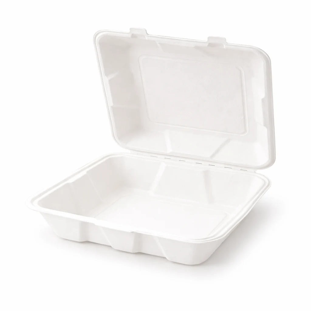 Open 8 by 8 sugarcane bagasse clamshell food container