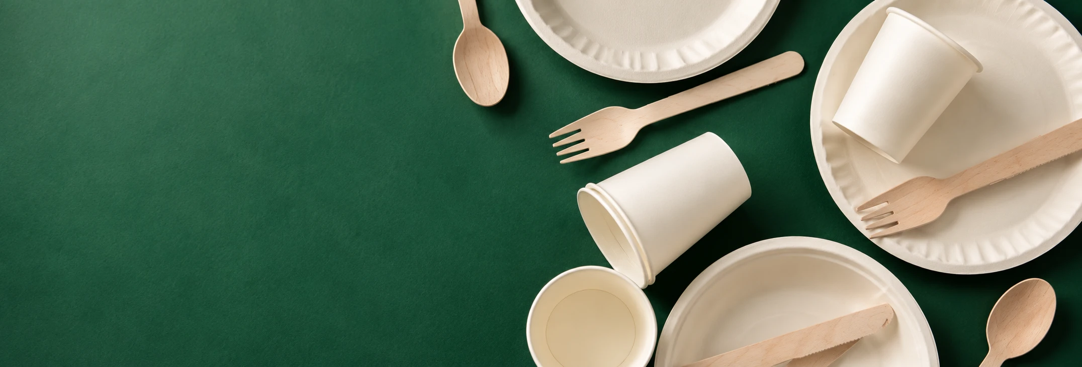 Paper cups, bagasse plates and sustainable wooden cutlery arranged on a forest-green surface