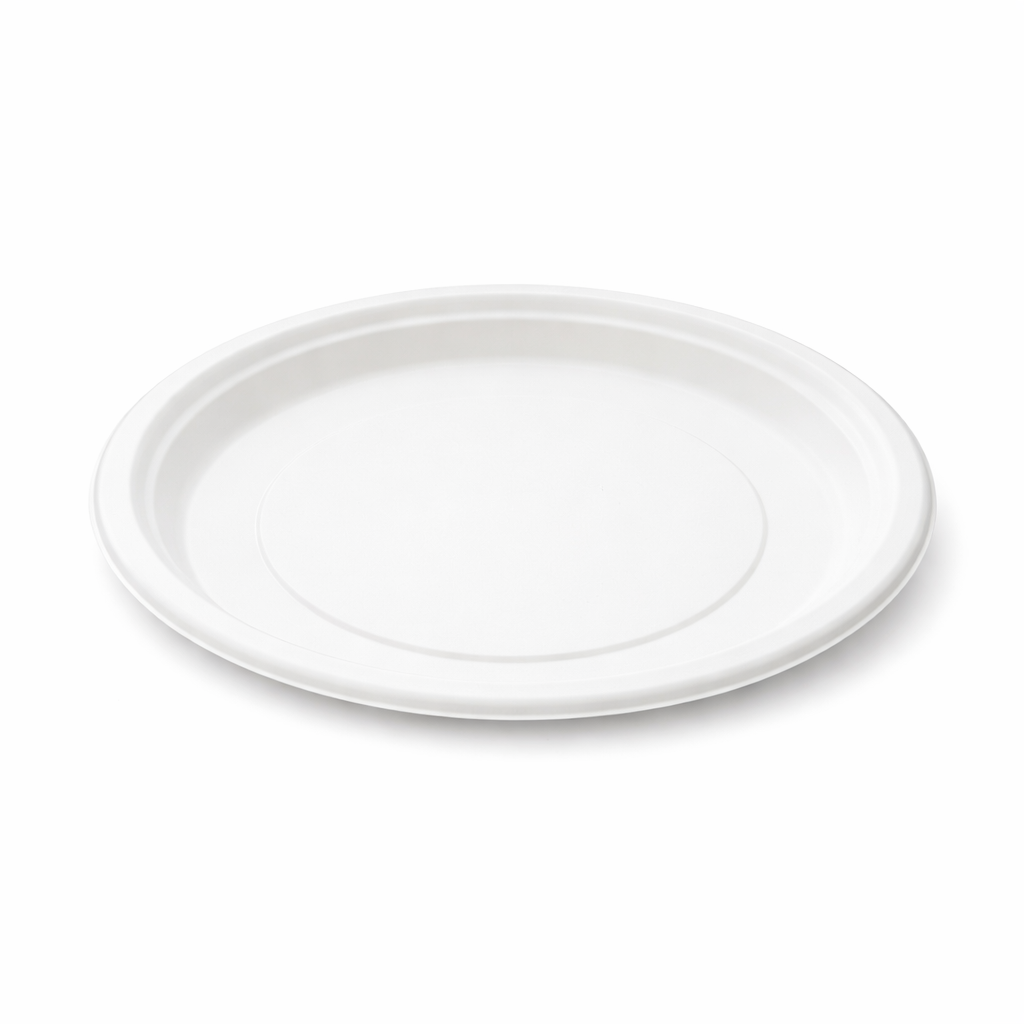 Plain round bagasse plate available for bulk packaging enquiries